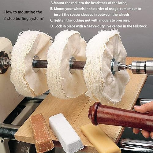 Woodworking Lathe Buffing System 16' #2MT Mandrel 3-Step Buffing Wheel Kits 8inch with 3pcs Polishing Cutting Compounds - Poueer
