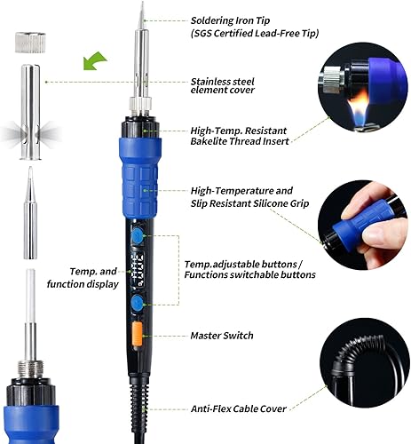YIHUA 928D-III Soldering Iron,110W High Power, Fully Digital Display °F /°C- Temperature Control Soldering Tool, Accurate 194~896°F, with ON/OFF Switch, Iron Tip, Brass Wool, Automatic Sleep Mode - Poueer