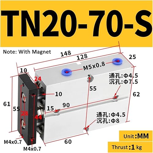 Cylinder Double Rod TN10 Cylinder Diameter 5/10/15/20/25/30/35/40/50/60/70/80/90/100/125/150mm Stroke Aluminum Alloy(TN10-25S) - Poueer