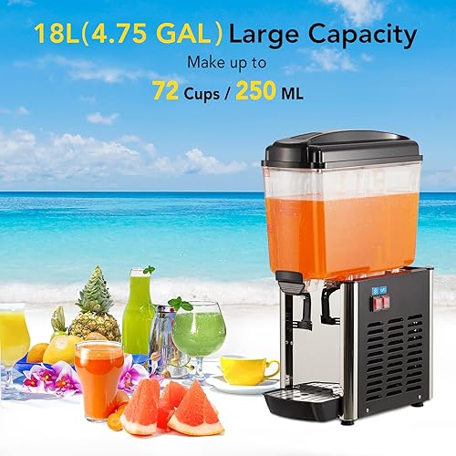 Commercial Beverage Dispenser, 1 Tank 4.8 Gal Stainless Steel Cold Drink Dispenser With 46°F-59°F Cooling Temperature, Large Cold Juice Dispenser for Home and Hospitality - Poueer