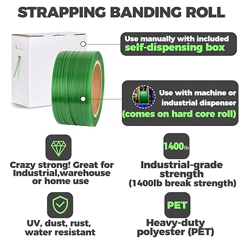Heavy Duty Packaging Strapping Banding Roll - Green Polyester PET Industrial-Grade, 1000' x 5/8' x 0.035' Pallet Strap Coil - 1400 lbs Break Strength, Rust-Resistant with Self Dispensing Box Kit - Poueer