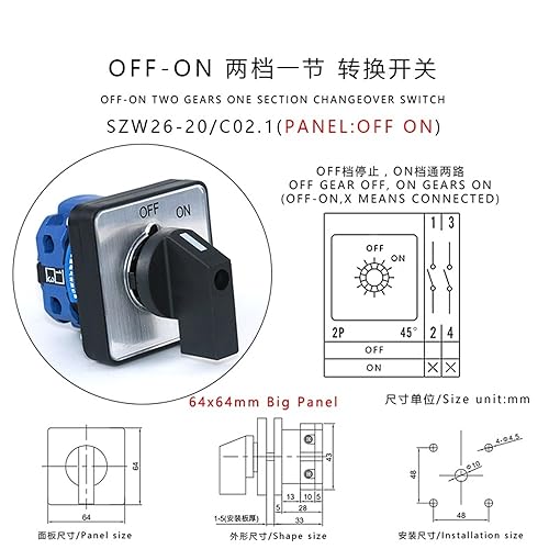 SZW26/LW26-20 20A 660V Off-ON One Pole Two Position 64X64 48X48 mm Panel Electric Rotary Universal Changeover Cam Switch(C02.1 Off ON 48X48mm) - Poueer