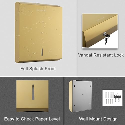 Paper Towel Dispenser, Commercial Stainless Steel Tri-fold/Multi-fold/C-Fold Paper Towel Holder Wall Mount Key (Gold) - Poueer