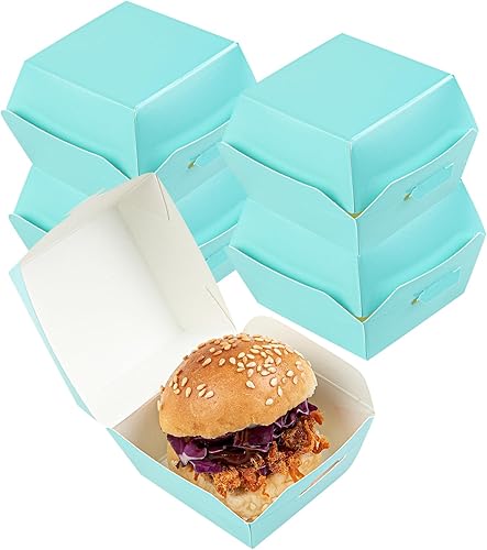 Restaurantware 2.5 x 2.5 x 2 Inch Mini Burger Boxes 100 Clamshell Food Containers - Hinged Lid Disposable Turquoise Paper Take Out Boxes Serve Sliders Or Finger Foods - Poueer