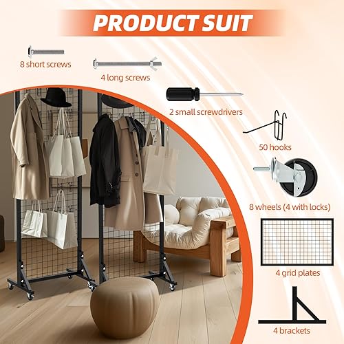 2' x 6' T Base Grid Wall Panels, 2 Pack Gridwall Panel Display Stand with Wheel, Heavy Duty Metal Grid Wall Panel with 50 Hooks, Two-Double Grid Wall Panel Display for Art Craft Display - Poueer