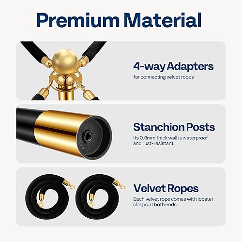 VIVOHOME Heavy Duty Iron Stanchion Post Queue 4PCS Pole w/ 2 Black Velvet Ropes, Crowd Control Barriers w/Fillable Base for High-end Venues, Museums, Party Supplies (4 Pieces, Black and Golden) - Poueer