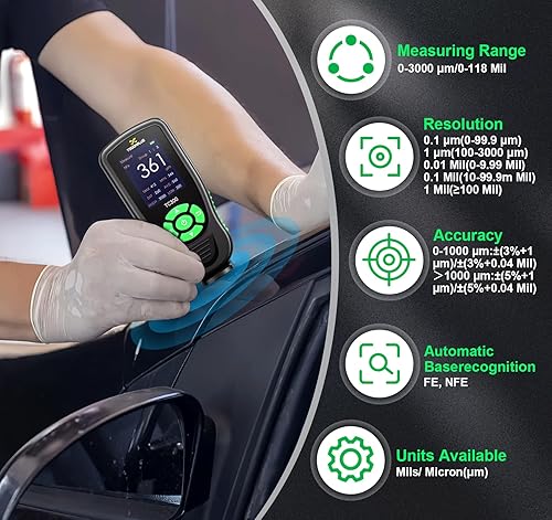 Paint Thickness Gauge, 3000μm Extended Range Paint Depth Gauge with 0.01mil High Resolution & Alarm, Automotive Car Paint Detector for Used Car Buyers (F/NF Measurement) - Poueer