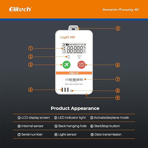 Elitech 4G Reusable Real-time Temperature Humidity Data Logger Light/Shock/Location, Built-in SIM Card, Shadow Data,Airplane Mode,Cloud Data Storage,SMS/Email/APP/Web Alarm,100000 Points,Loget260-THE - Poueer