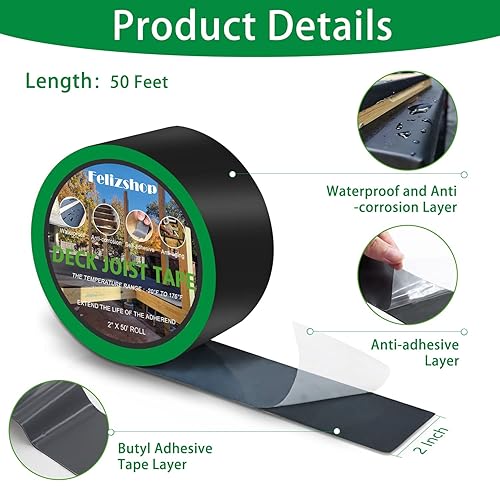 Butyl Joist Deck Tape, 2' X 50' Deck Joist Tape Waterproof Flashing Tape, Weather Resistance Self-Adhesive Joist Tape Decking for Deck Joist Beams Protection(12 Rolls) - Poueer