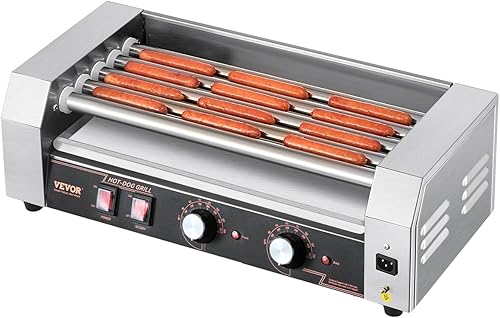 VEVOR Hot Dog Roller, 30 Hot Dog 11 Rollers, Stainless Steel Sausage Grill Cooker, 1600W Commercial Hot Dog Machine with Dual Temp Control, Cover, Side Storage Box, Removable Shelf & Oil Drip Tray - Poueer