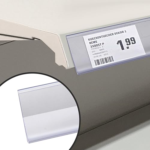Shelf Label Strips, Pro Painter 25 Pack Self Adhesive 1.5”H Shelf Strip Price Tag Holder for Plastic, Metal and Wood Gondola Shelf, Clear Plastic Front/Clear Back Sign Holder for 48” Long Shelf - Poueer