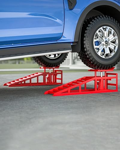 Hydraulic Car Ramps, 4-Position Adjustment, 5T 11000lbs Low Profile Car Lift Service Ramps Truck Trailer Garage,Height Hydraulic Vehicle Ramps, Lift Height 11.61-16.21 inches - Poueer