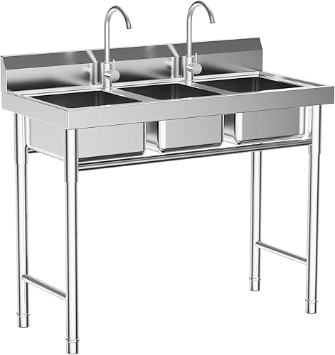3 Compartment Sink Stainless Steel Kitchen Sink Commercial Utility Washing Station with Filter & Drainage Pipe Freestanding Triple Bowl for Outdoor, Indoor 39” W X 18” D X 35.8” H - Poueer