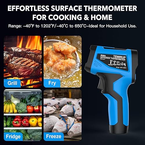 Infrared Thermometer Temperature Gun - TEMIRUP Non-Contact Digital Laser Thermometer Temp Gun with Thermocouple Probe for Industrial, Cooking, Griddle, Engine, HVAC, Adjustable Emissivity,-40℉~1202℉ - Poueer