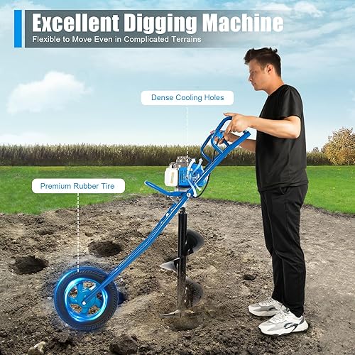 63CC 2-Stroke Gas Powered Earth Auger Post Hole Digger, 3HP Auger Post Hole Digger with 11.81' Drill, Earth Auger Gas Auger Fence Post Auger for Garden & Lawn Digging Planting Drilling (Blue) - Poueer