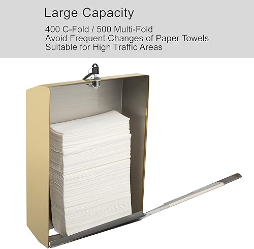 Paper Towel Dispenser, Commercial Stainless Steel Tri-fold/Multi-fold/C-Fold Paper Towel Holder Wall Mount Key (Gold) - Poueer