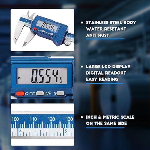Dasqua 6 Inch/150mm Digital Caliper Electronic Industrial, Stainless Steel, with Large LCD Screen and Storage Case Auto Off Featured Measuring Tool, Resolution 0.0005'/0.01mm, Accuracy 0.001”/0.02mm - Poueer
