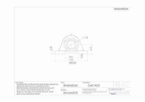 Sealmaster NP-28 Pillow Block Ball Bearing, Non-Expansion Type, Normal-Duty, Regreasable, Setscrew Locking Collar, Felt Seals, Cast Iron Housing, 1-3/4' Bore, 2-1/8' Base to Center Height, 5-3/4' Bolt Hole Spacing Width - Poueer