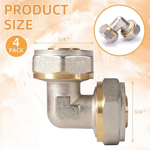 4 Pack 3/4'' Elbow Air Piping Fittings 3/4'' x 3/4'' Tubing Brass-Nickel Plated Equal Elbow Tubing Fittings for Shop Garage Compressed Air Line System Kit Air Compressor Accessories - Poueer