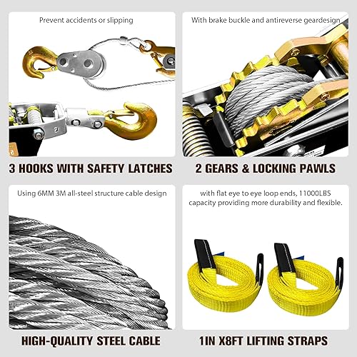Come Along Winch Ratchet Tool 5 Ton Pulling Capacity 3 Hooks Steel Cable Dual Gear Power Puller with Two 1'x8FT Lifting Straps Hand Winch Cable Automotive Hoist Winch Puller Recovery Gear - Poueer