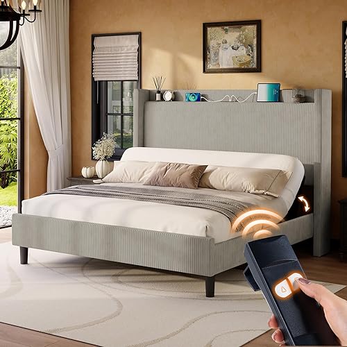 Jocisland Queen Adjustable Bed Frame with Smart Adjustable Bed Base and Storage Headboard, Corduroy Upholstered Electric Bed Head Incline, Charging Station, No Box Spring Needed, Light Grey - Poueer