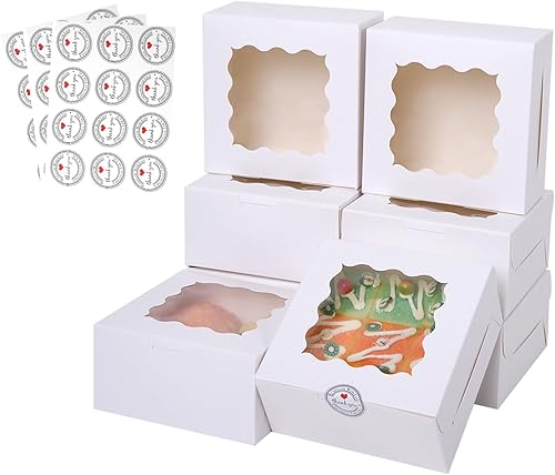 100 pcs 6x6x3 Inches Small Cake Box with Window, Bakery Pastry Cookie Boxes, Mini Pie for Pastry,Dessert,Strawberries,Chocolates, Cupcakes with paper stickers (Brown) - Poueer