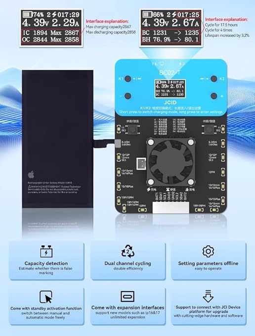 JCID Super Battery Cycler BC02-T Dual Channel Battery Tester High Current 4A Charging Device for iPhone Battery Health Testing JC Programmer JCID Testing Device WYLIE Tools 5 Pack - Poueer