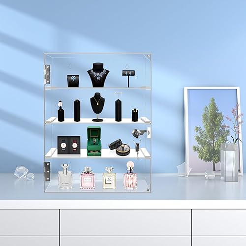 Locking Display Case,Showcase Display Cabinet,4-Tier Acrylic Display Case with Lock Key,Clear Detachable Countertop Display Cabinet with Shelves for Figures Rock Collectibles(11.81x5.31x15.75 inch) - Poueer