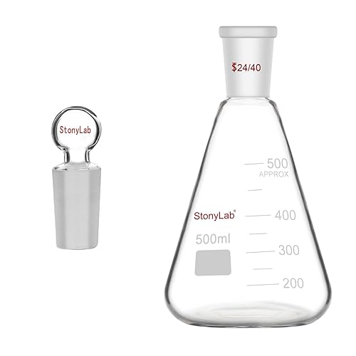 stonylab Bundle–2 Items: 500 ml Glass 24/40 Erlenmeyer Flask and Glass Penny Head Stopper - Poueer