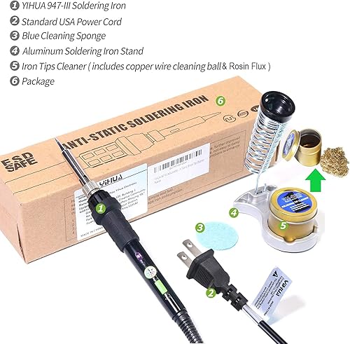 YIHUA 928D-III Soldering Iron,110W High Power, Fully Digital Display °F /°C- Temperature Control Soldering Tool, Accurate 194~896°F, with ON/OFF Switch, Iron Tip, Brass Wool, Automatic Sleep Mode - Poueer