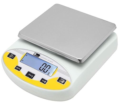 CGOLDENWALL Large Range Lab Digital Analytical Balance Lab Precision Scale Jewelry Kitchen Scales Electronic Balance Weighing and Counting Scale 0.1g Calibrated Pan Size 180140mm Yellow (5kg, 0.1g) - Poueer