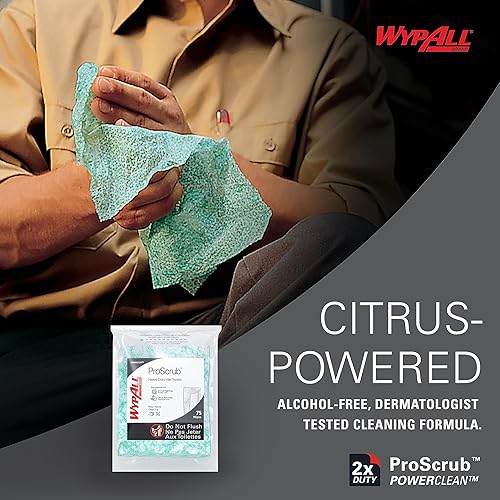 WypAll PowerClean ProScrub Heavy Duty Wet Towels (91371), Dual Action Cleaning, Large 9.5' x 12' Wipes, Bucket Included (6 Containers of 75 Sheets, 450 Sheet Total) - Poueer