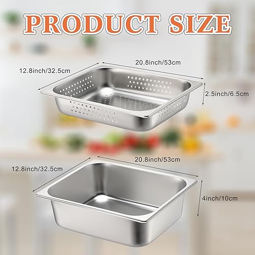 Tioncy 2 Pack Full Size Hotel Pans with Perforated Steam Pan, Stainless Steel Steam Table Pan Multifunctional Food Chafing Supplies for Restaurant Kitchen(Full Size, 6 Inches, 8 Inches) - Poueer