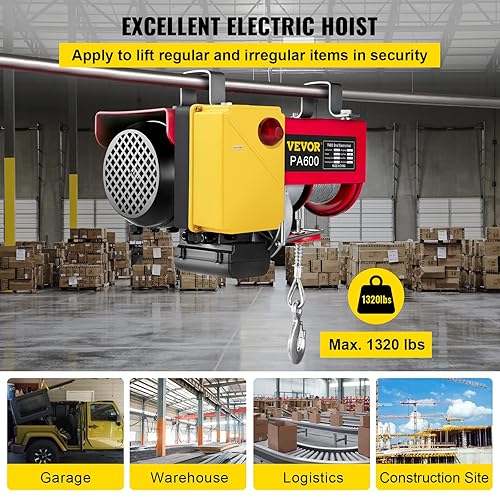 VEVOR Electric Hoist, 1320LBS Electric Winch, Steel Electric Lift, 110V Electric Hoist with Wireless Remote Control - Poueer