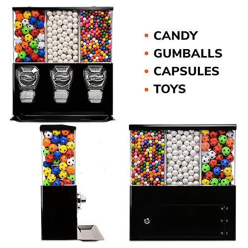 Vending Machine - Commercial Gumball and Candy Machine with Stand - Black Triple Vending Machine with Interchangeable Canisters - Coin Operated Candy Dispenser and Gumball Machine - Vending Dispenser - Poueer