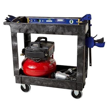 Rubbermaid Commercial Products 2-Shelf Service/Utility Cart with Wheels, 300-Pound Capacity, Black, Lipped Shelves with Handle, Use in School/Restaurant/Warehouse/Manufacturing - Poueer