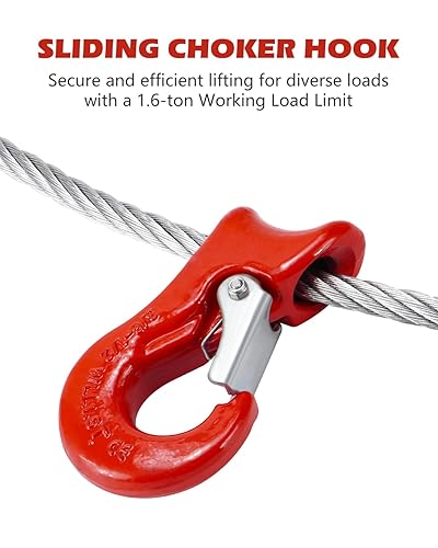 12FT Single Leg Wire Rope Sling 1.6t/3500Lbs Rated Load, 12 Feet Length, 1/2' Diameter, with 3/8' - 1/2' Sliding Choker Hook WLL 1.6t - Poueer