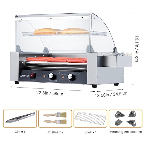 7-Roller Hot Dog Roller Machine with Dual Temperature Control, Holds 18 Hot Dogs, Non-Stick & Stainless Steel, LED Light, for Parties, Events & Food Stalls 1050W - Poueer