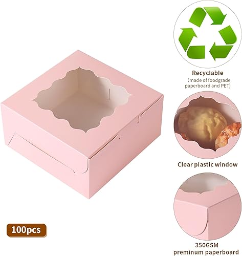100 pcs 6x6x3 Inches Small Cake Box with Window, Bakery Pastry Cookie Boxes, Mini Pie for Pastry,Dessert,Strawberries,Chocolates, Cupcakes with paper stickers (Brown) - Poueer