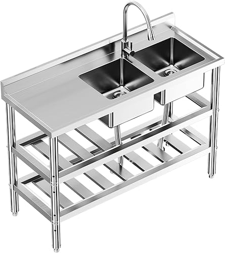 Stainless Steel Utility Sink with Pull-Down Faucet - 47x18x32 Inch Freestanding Double Bowl Commercial Sink Set, NSF Certified for Kitchen, Restaurant & Garage Use - Poueer