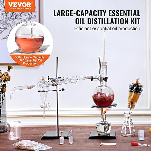 VEVOR Essential Oil Distillation Kit, 500ml Distillation Apparatus, 3.3 Boro Lab Glassware Distillation Kit with Alcohol Lamp, Ceramic Mesh and 24, 40 Joint, 28 pcs Set - Poueer