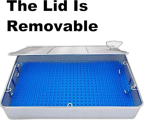 304 Stainless Steel Surgical Instrument Sterilization Basket with Lid, High-Temperature & High-Pressure Medical Tray, Silicone Pad, Punched Holes, Dental Tray for Sterilization (17.7in)(18.9in*9.8in*2 - Poueer