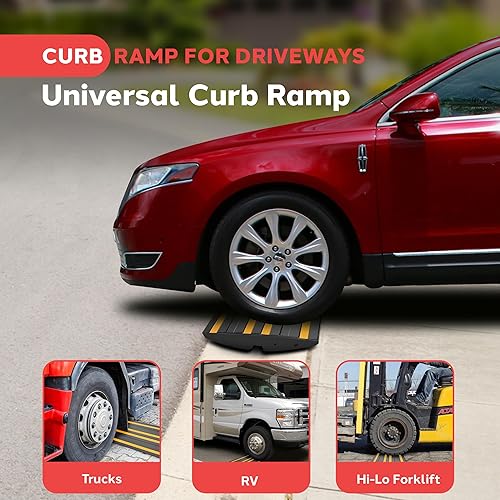 Pyle 1 Ft. Rubber Curb Ramp - Pack of 2 Heavy Duty Non-Slip Threshold Ramps for Driveways & Sidewalks, Yellow Reflective Strips, Marine Grade, Expansion Screws Included, 12.0’’x 16.0’’ x 2.6’’ Inches - Poueer
