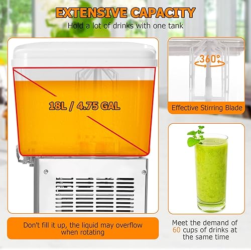 Commercial Beverage Dispenser, 1 Tank 18 L / 4.75 GAL Per Tank Juice Dispenser,180W Stainless Steel Ice Tea Drink Machine with 45°F-54°F Cooling Temperature, for Cold Drink Restaurant Bar Party - Poueer