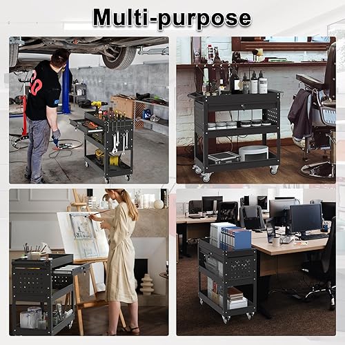 3 Tier Foldable Service Cart with Wheels, Rolling Collapsible Folding Utility Cart for Home, Office, Garage, and Warehouse (Red) - Poueer