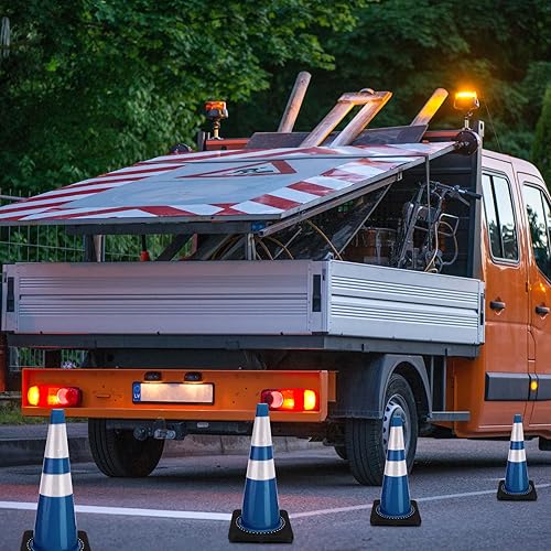 6 Pack Traffic Safety Cones Plastic PVC Blue Traffic Cones with Black Base and Reflective Collars for Street Hazards, Training, Road Construction, Parking Lot (18 Inch) - Poueer