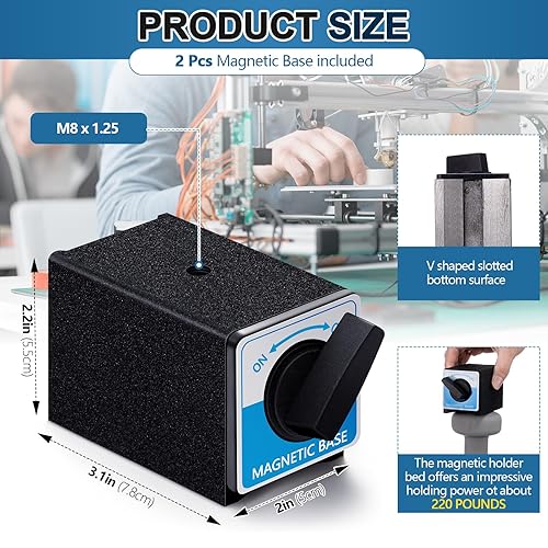 Kingdder 2 Pcs 10T Magnetic Base Holder Bed On/off Switch 220 Lbs Holding Power Magnetic Holder Bed M8 x 1.25 Tapped Hole Switchable Base Stand Without Adjustment Arm for Indicator 3.1' x 2.2' x 2' - Poueer