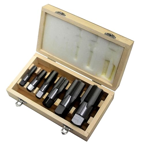 Drill America DWTHS1/4-1-1/4SET 6 Piece NPT Pipe Tap Set in Wooden Case (1/4 ', 3/8 ', 1/2 ', 3/4 ', 1 ' and 1-1/4 '), High Speed Steel, DWT Series,Small - Poueer