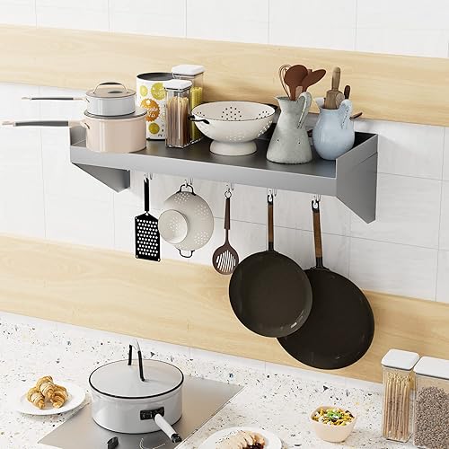 Stainless Steel Shelf 36 * 12 in, Stainless Steel Wall Shelf with 5 Hooks, Kitchen Shelf Wall Shelves Steel Floating Shelf for Kitchen, Commercial Restaurant, Laundry Room, Bar, Microwave - Poueer