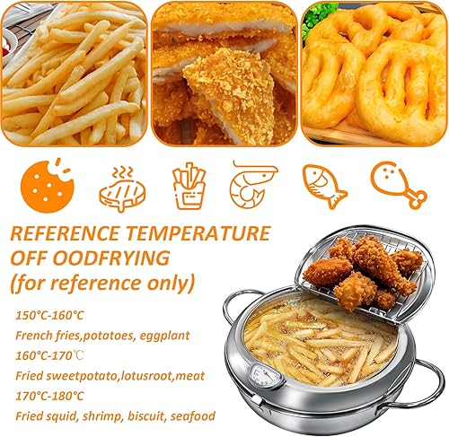 Deep Fryer Pot, 11 Inch 4.2L Stainless Steel Japanese Tempura Frying Pot with Lid, Temperature Control, Oil Drip Drainer Rack for Fried Chicken, Shrimp, French Chips - Poueer